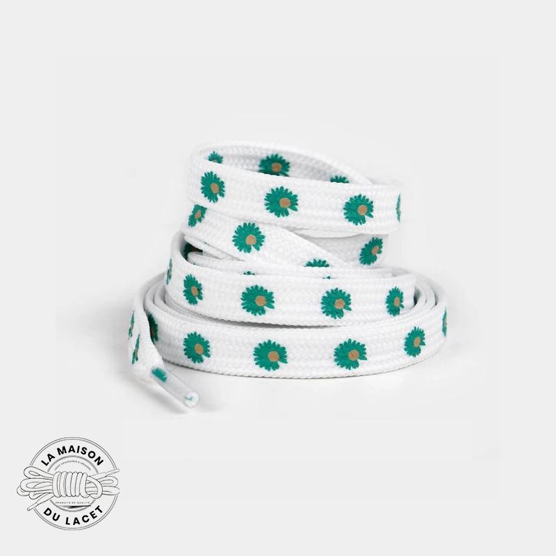 1 paire de lacets plats fleurs (pâquerettes) - couleur vert
