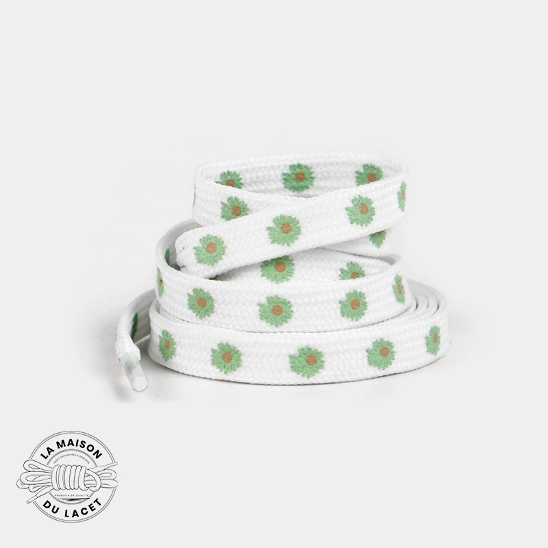 1 paire de lacets plats fleurs (pâquerettes) - couleur vert clair