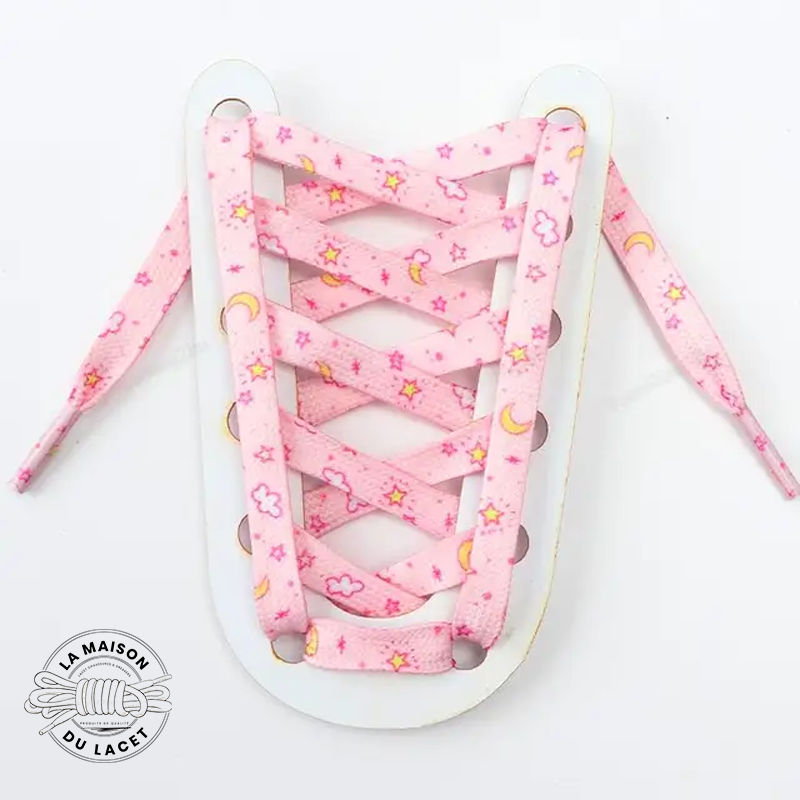 1 paire de lacets plats fantaisie - couleur rose nuit lune